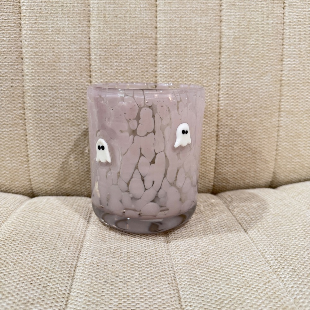 NEW Ghost Glass Tumbler Halloween Hand Blown Speckled Seasonal Pink Purple